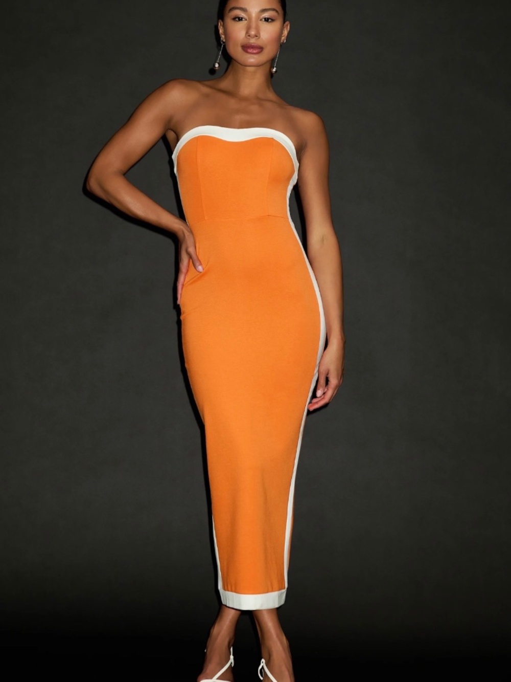 Orange Color Block Strapless Midi Dress